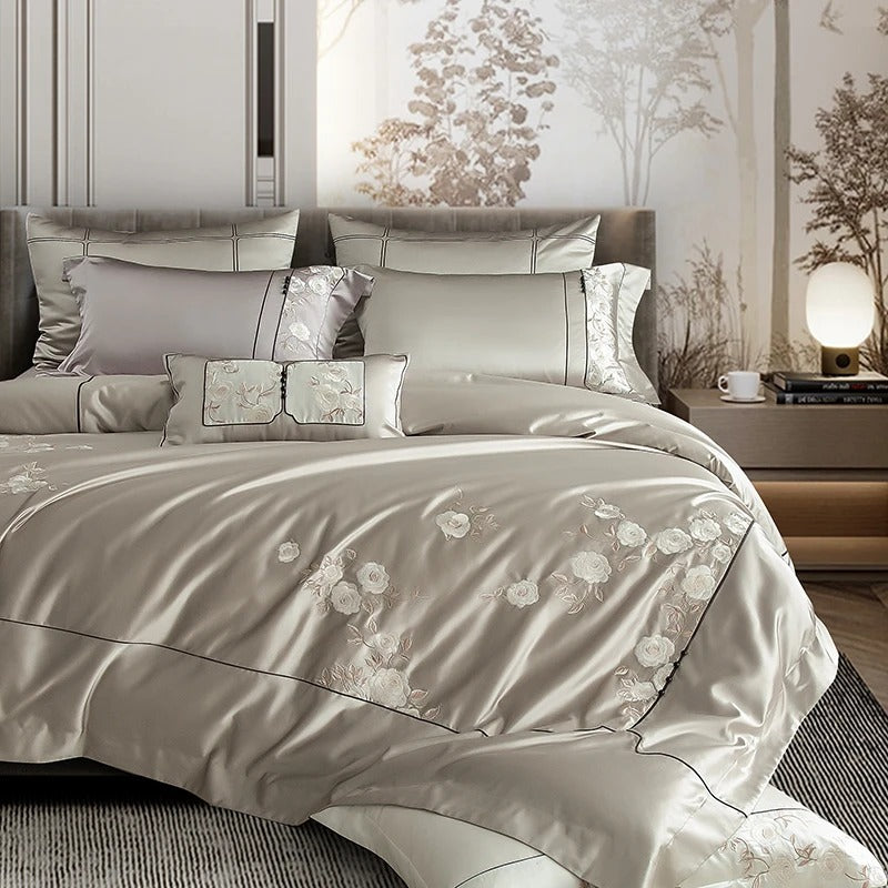 Luxury Flower Embroidery Egyptian Cotton Bedding Set - 1500TC - Egyptian Bedding