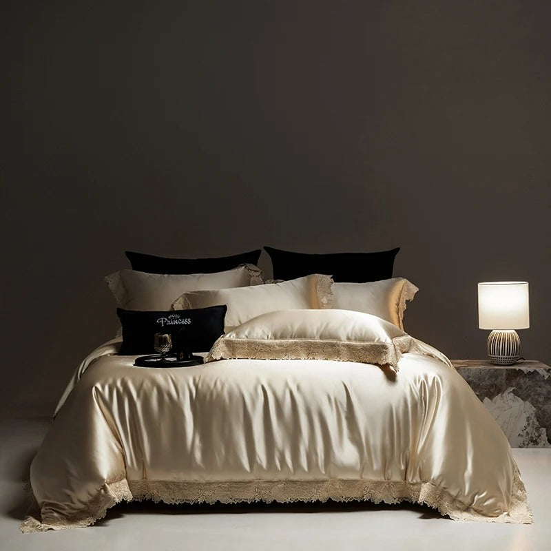 Champagne Gold Egyptian Cotton Lace Bedding Set with Duvet Cover - 1000TC - Egyptian Bedding