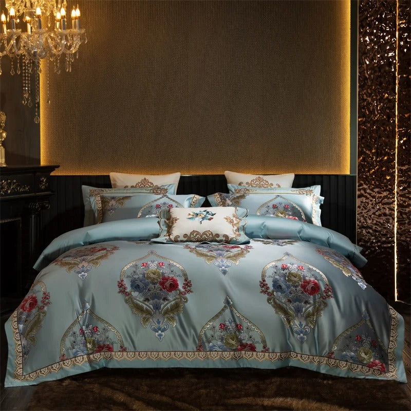 Aqua Blue Baroque Floral Embroidered Bedding Set with Duvet Cover - 1000TC - Egyptian Bedding