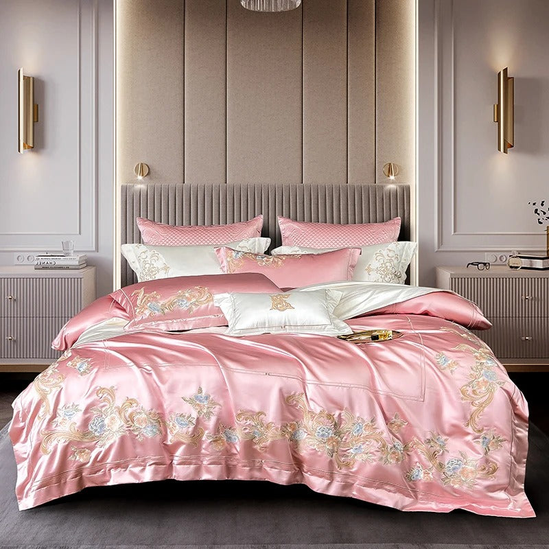 Soft Pink Satin Embroidered Flowers Bedding Set with Duvet Cover - 1500TC - Egyptian Bedding