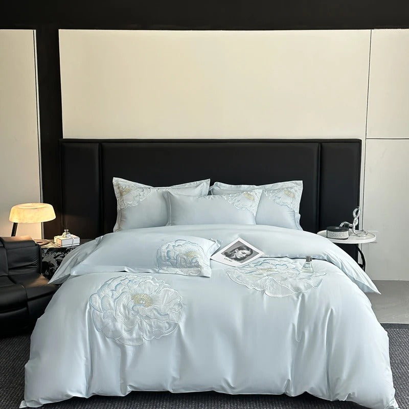 Embroidered Blue Satin Floral Bedding Set with Duvet Cover -  600TC