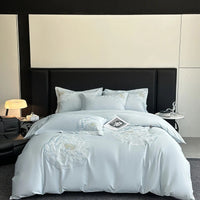 Embroidered Blue Satin Floral Bedding Set with Duvet Cover -  600TC