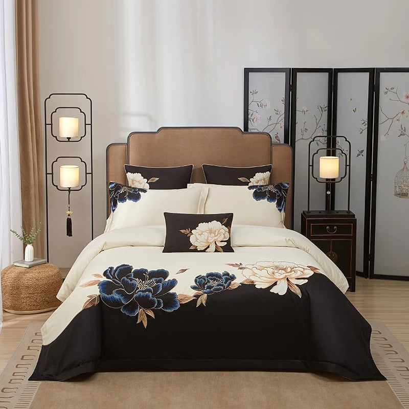 Luxury Bedding Set with Blue and Gold Floral Embroidery - 1000TC - Egyptian Bedding