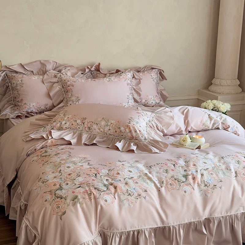 Egyptian Cotton Floral Satin Bed Sheet Set with Duvet Cover- 1000TC - Egyptian Bedding
