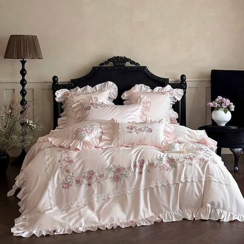 Rose Embroidery Lace Egyptian Cotton Bedding Set with Duvet Cover - 1000TC
