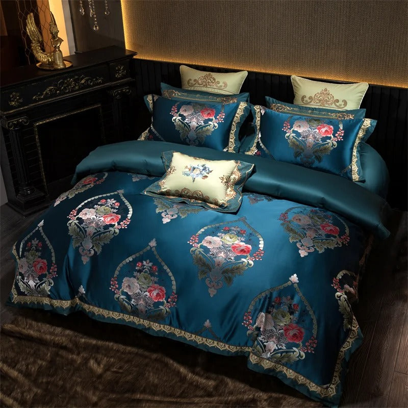 Teal Blue Barooq Floral Embroidered Bedding Set with Duvet Cover - 1000TC