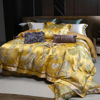 Yellow Floral Satin Jacquard Bedding Set with Duvet Cover - 1000TC