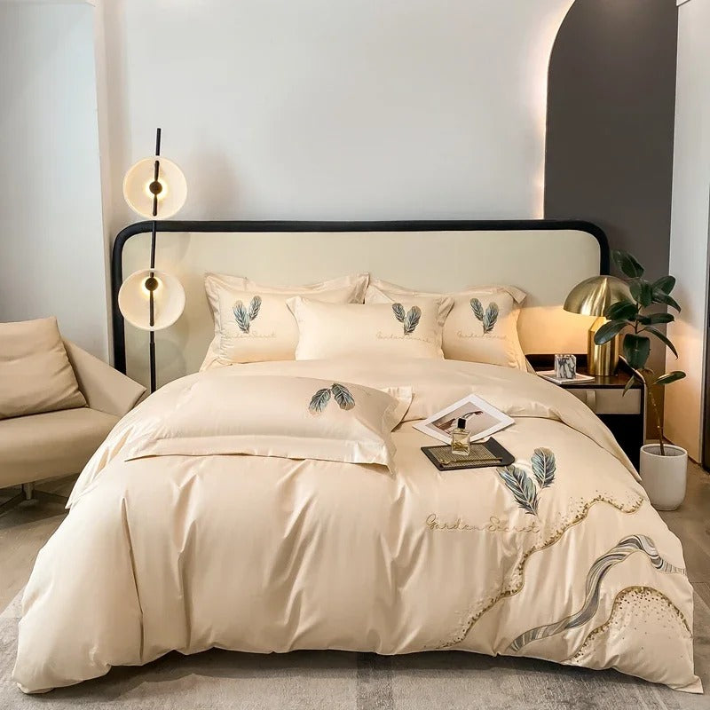 Feather-Embroidered Beige Satin Bedding Set with Duvet Cover - 600TC