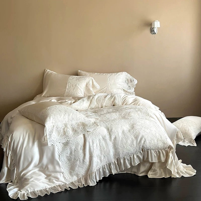 White Ruffled Lace Egyptian Cotton Bedding Set with Duvet Cover - 1000TC - Egyptian Bedding
