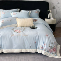 Pastel Blue Floral Embroidery Cotton Bedding Set with Duvet Cover - 900TC