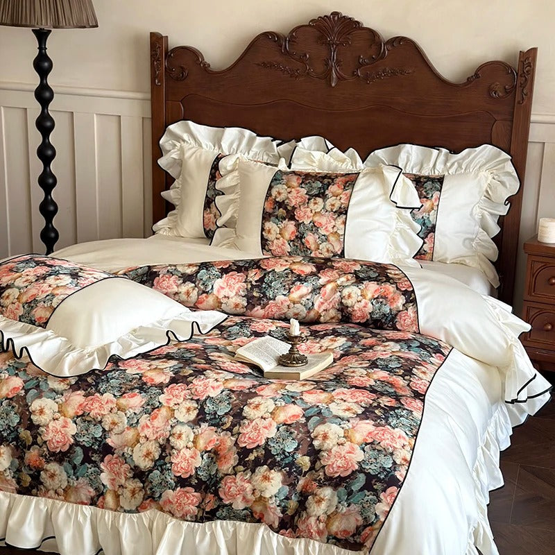 Rose-Printed Egyptian Cotton Bedding Set with Ruffles - 1000TC