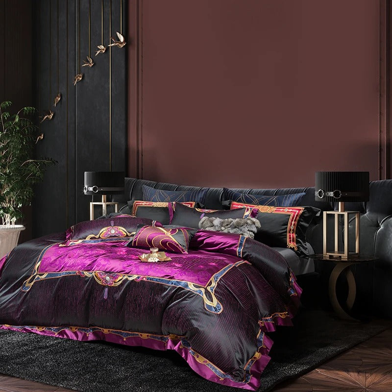 Jacquard Black and Purple Egyptian Cotton Bedding Set - 1500TC - Egyptian Bedding