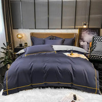 Navy Blue Silky Satin Bedding Set with Elegant Piping - 600TC