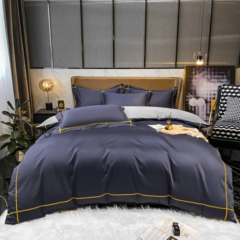 Navy Blue Silky Satin Bedding Set with Elegant Piping - 600TC