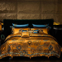 Golden and Blue Embroidery Bedding Set with Duvet Cover - 1000TC