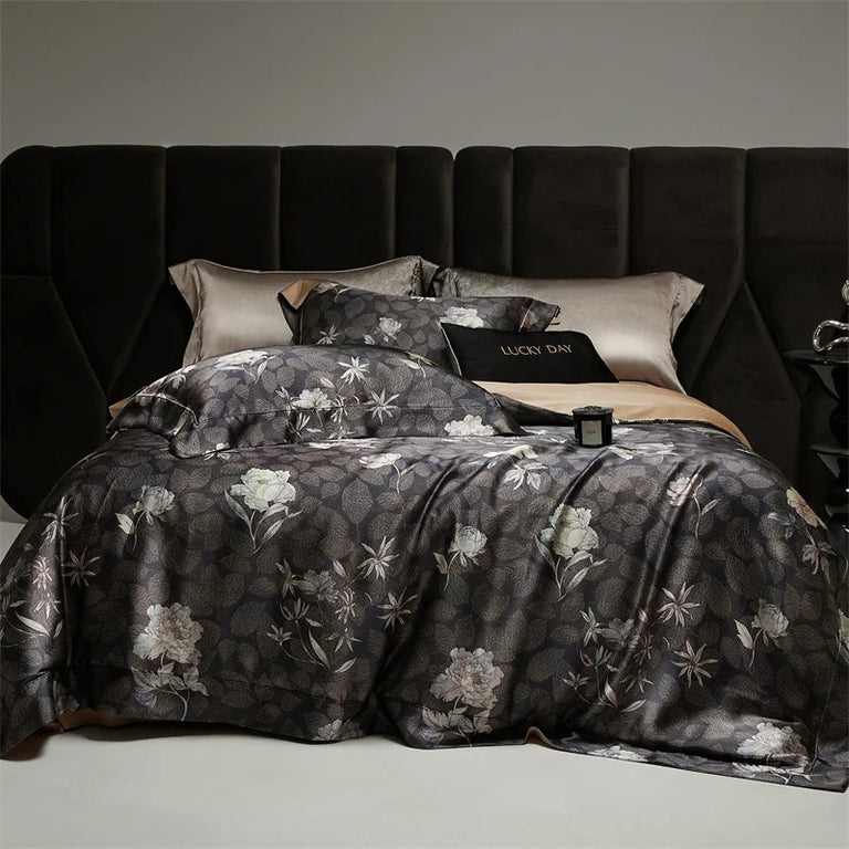 Luxurious Black Floral Satin Bedding Set with Duvet Cover - 1000TC