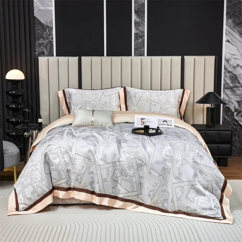 Jacquard Silver Satin Bedding Set with Geometric Design - 1000TC - Egyptian Bedding