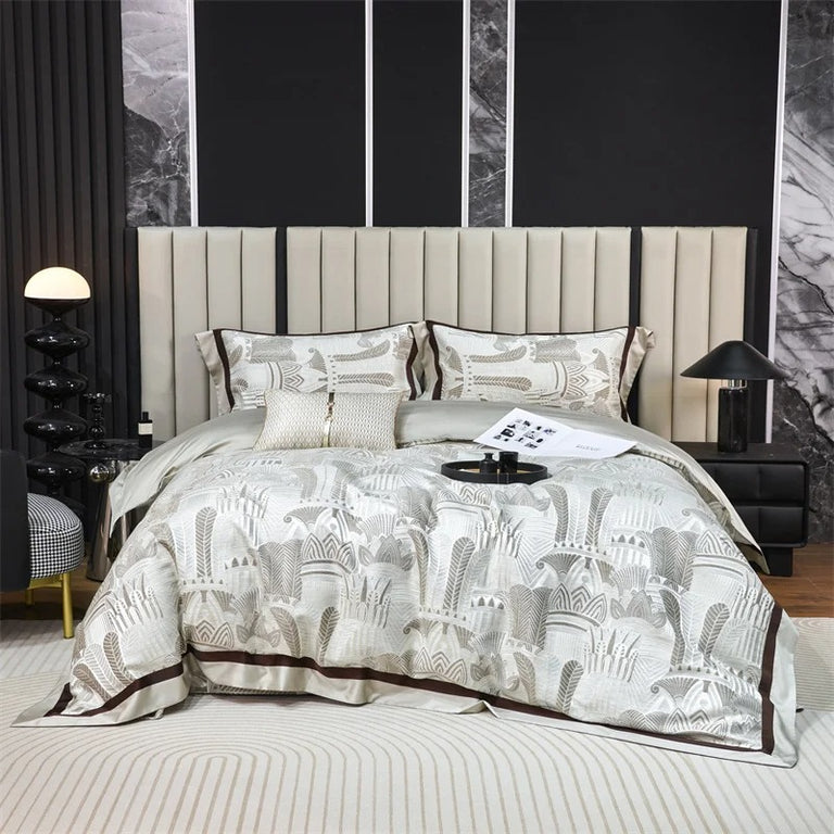 Ivory and Brown Geometric Border Bedding Set with Duvet Cover - 1000TC