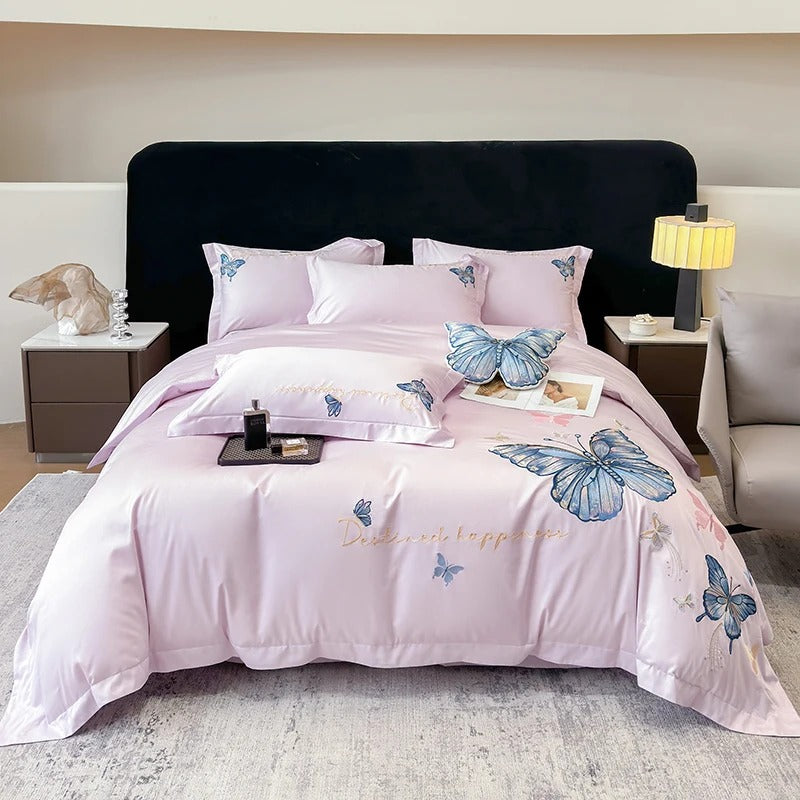 Butterfly Embroidery Egyptian Cotton Bedding Set with Duvet Cover - 900TC
