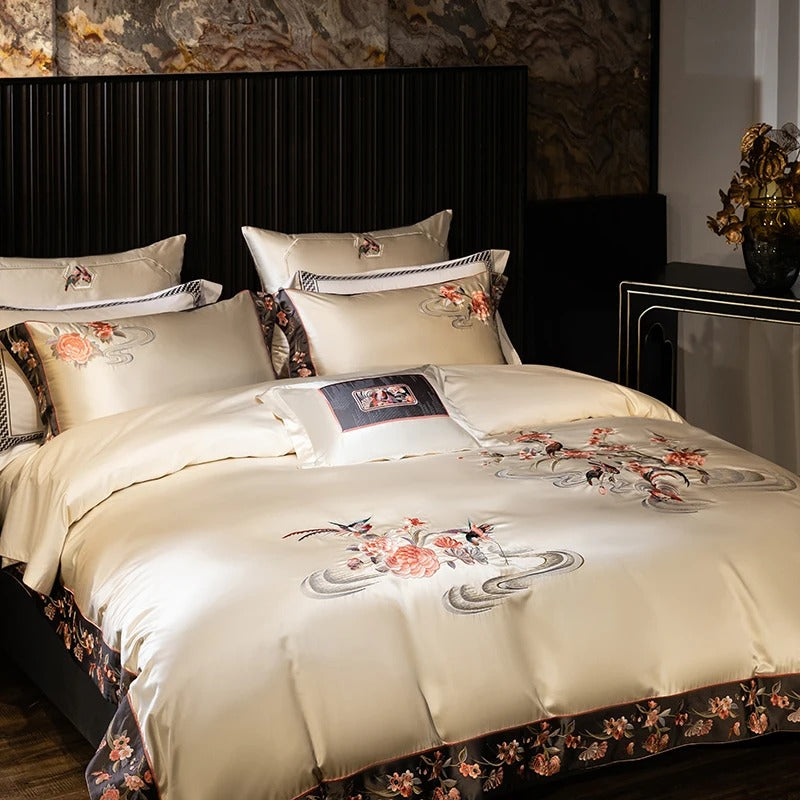 Premium Satin Flower & Bird Embroidered Bedding Set - 1000TC - Egyptian Bedding