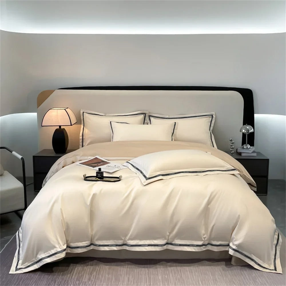 Ivory Egyptian Cotton Bedding Set with Stylish Border - 1000TC