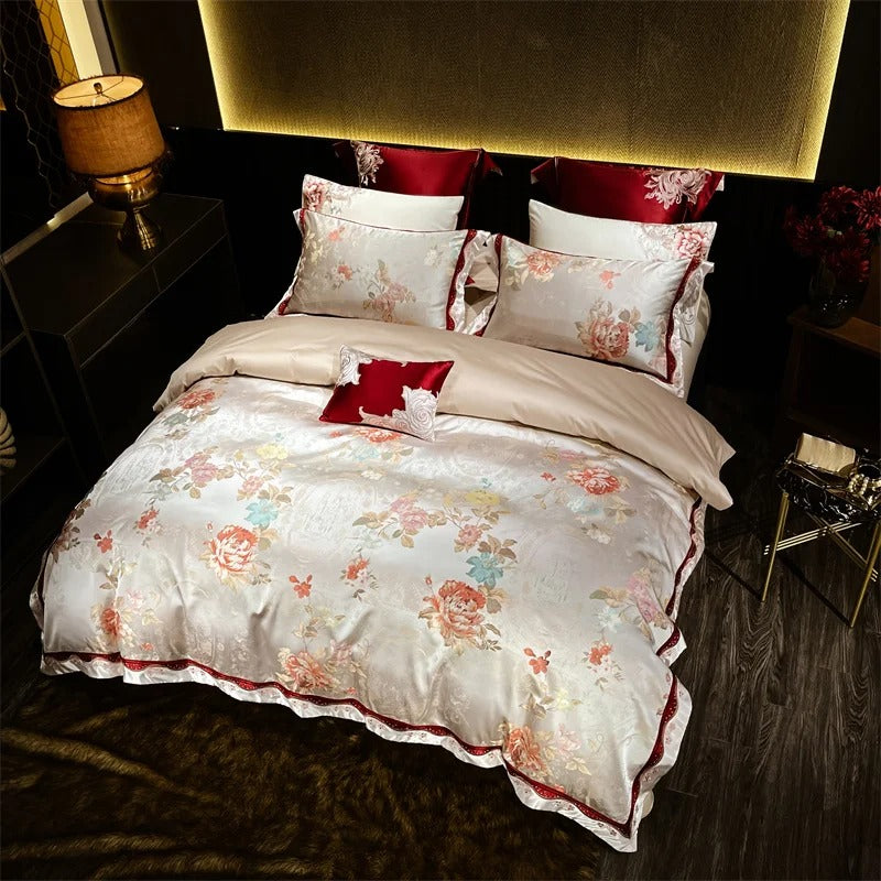 Beautiful Red Embroidered Floral Satin Bedding Set with Duvet Cover - 1200TC - Egyptian Bedding