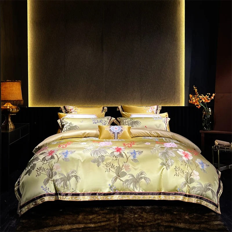 Luxury Gold Floral Embroidery Bedding Set with Duvet Cover  - 1000TC