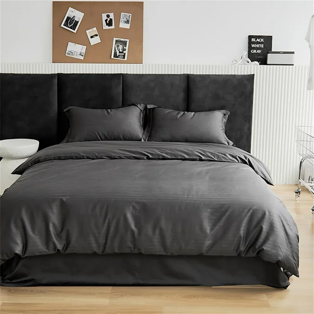 Luxury Striped Satin Cotton Bed Sheet Set with Duvet Cover - 400TC - Egyptian Bedding