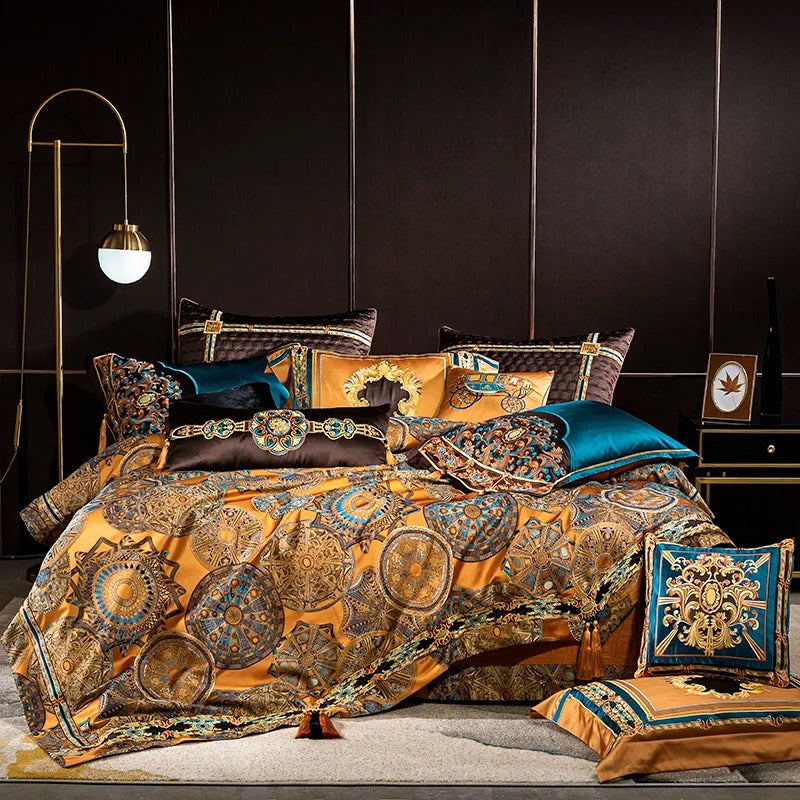 Jacquard Bedding Set with Golden and Teal Embroidery - 1500TC Egyptian Cotton - Egyptian Bedding