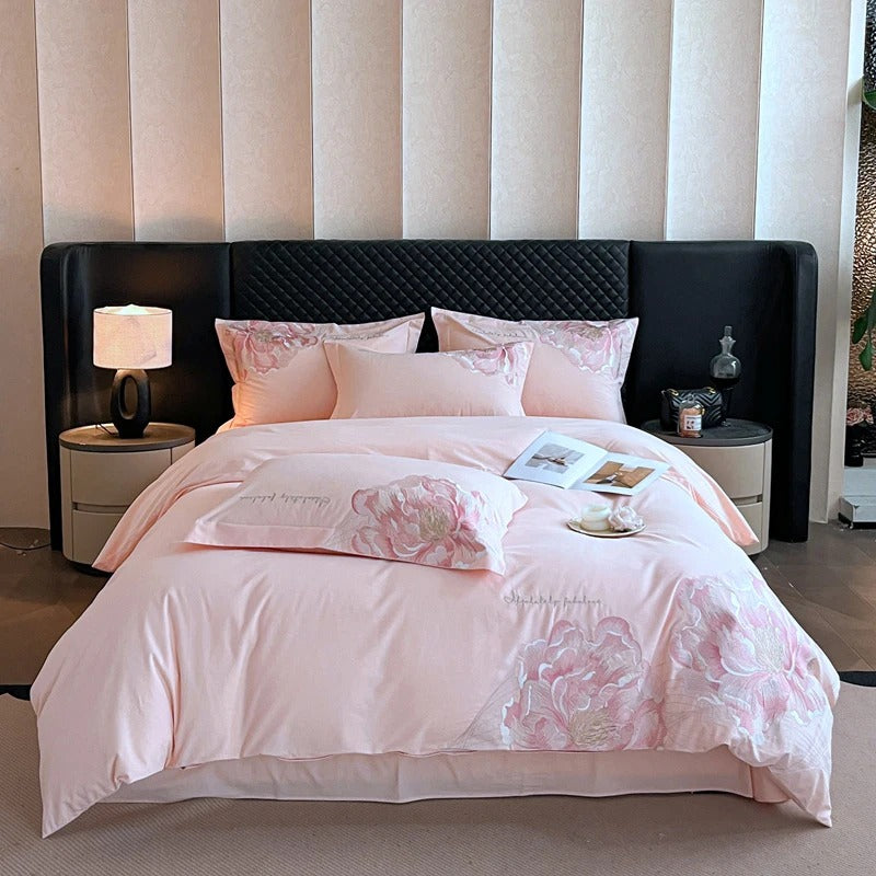 Luxury Modern Embroidered Pink Floral Bedding Set with Duvet Cover - 600TC - Egyptian Bedding