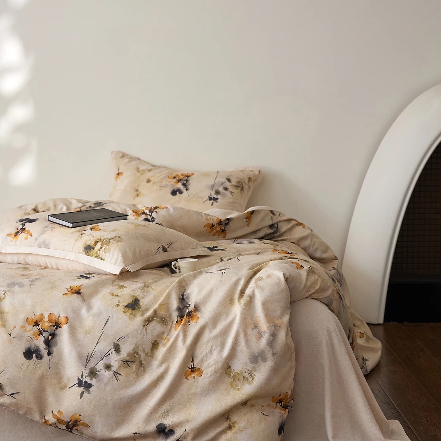 Soft Beige Floral Egyptian Cotton Bedding Set with Duvet Cover - 800TC