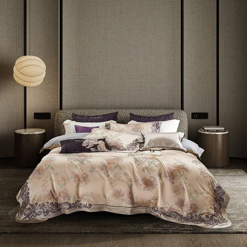 Light Purple Floral Embroidery Egyptian Cotton Bedding Set - 1500TC - Egyptian Bedding