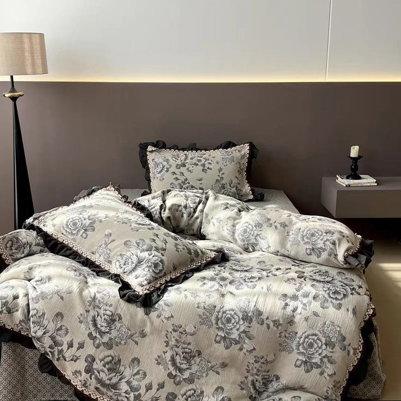 Gothic Floral Gauze Cotton Bedding Set with Duvet Cover - 1000TC - Egyptian Bedding