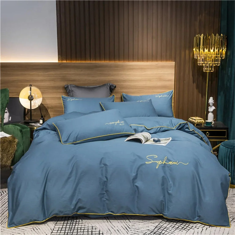 Black Bedding Set with Gold Piping & Signature Embroidery - 400TC