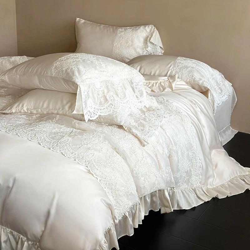 White Ruffled Lace Egyptian Cotton Bedding Set with Duvet Cover - 1000TC - Egyptian Bedding