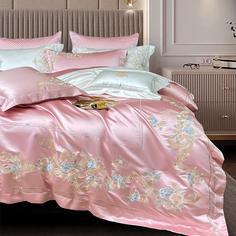 Soft Pink Satin Embroidered Flowers Bedding Set with Duvet Cover - 1500TC - Egyptian Bedding