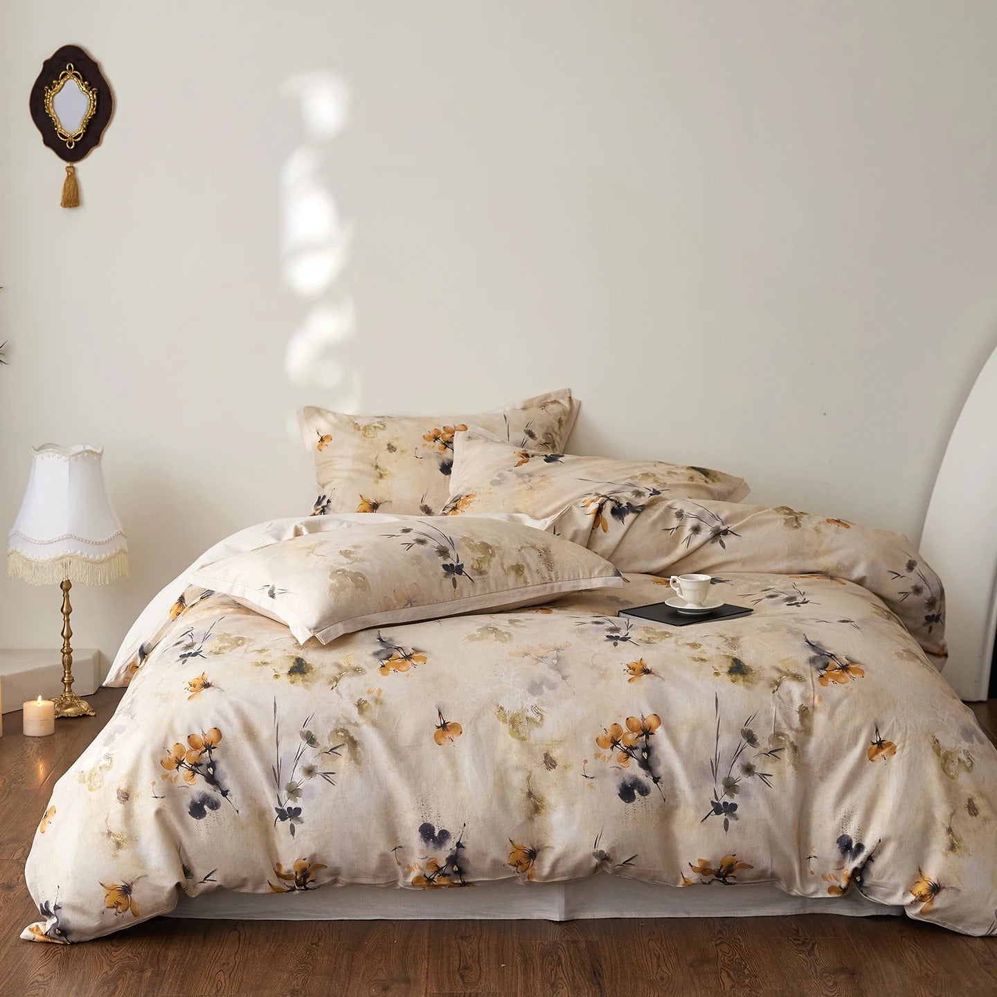 Soft Beige Floral Egyptian Cotton Bedding Set with Duvet Cover - 800TC - Egyptian Bedding