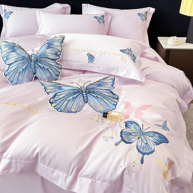 Butterfly Embroidery Egyptian Cotton Bedding Set with Duvet Cover - 900TC - Egyptian Bedding