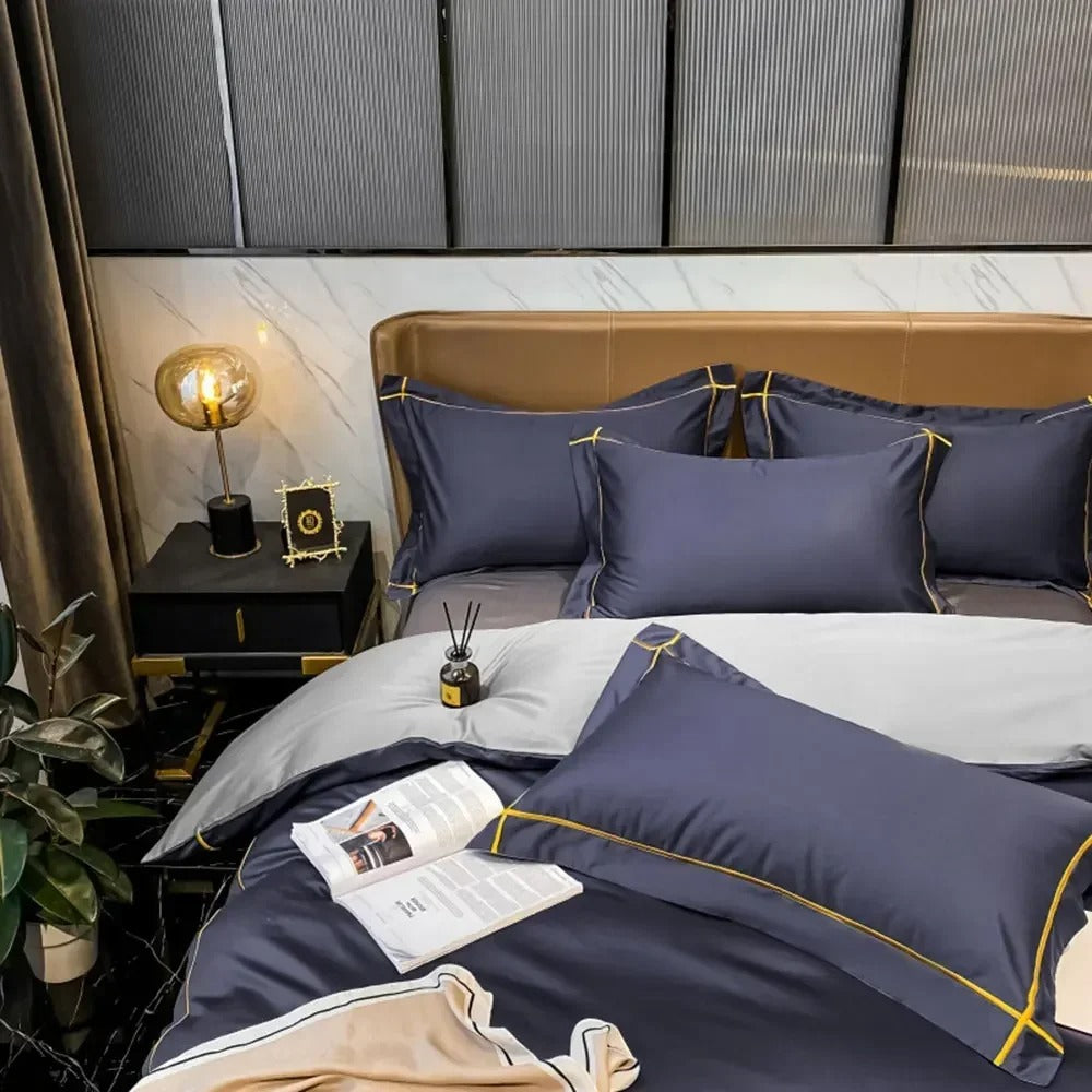 Navy Blue Silky Satin Bedding Set with Elegant Piping - 600TC