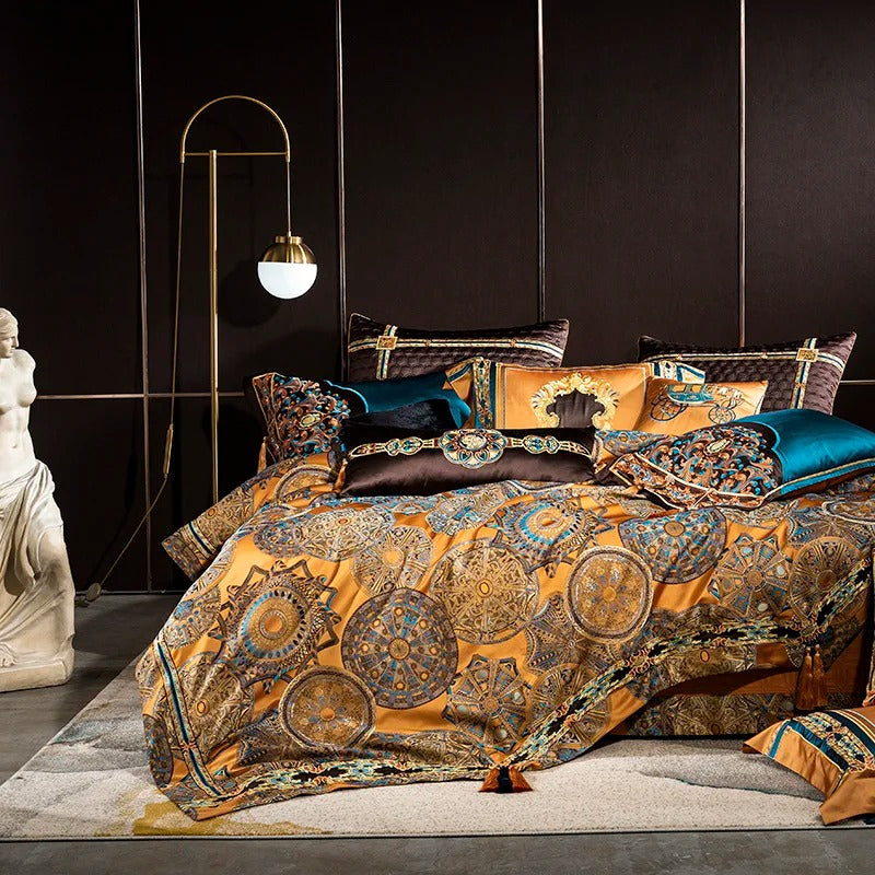 Jacquard Bedding Set with Golden and Teal Embroidery - 1500TC Egyptian Cotton - Egyptian Bedding