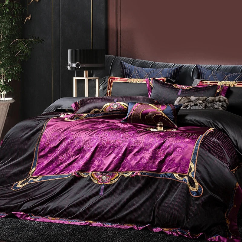 Jacquard Black and Purple Egyptian Cotton Bedding Set - 1500TC - Egyptian Bedding