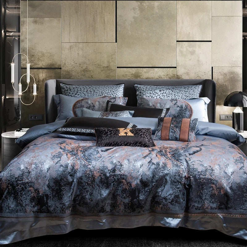 Blue and Copper Satin Embroidery Bedding Set with Duvet Cover - 1500TC - Egyptian Bedding