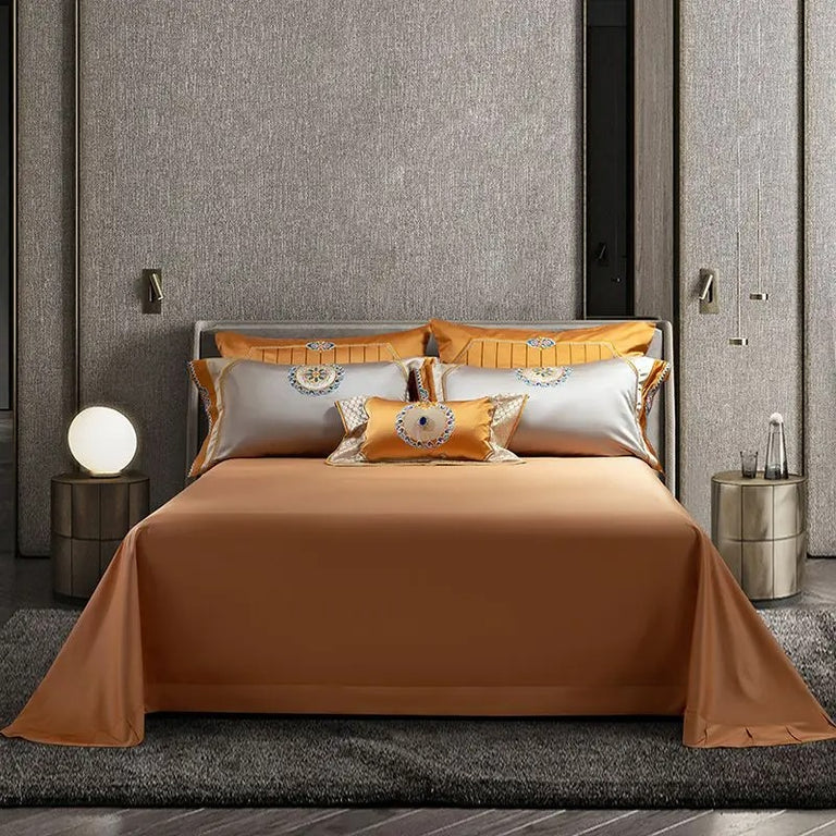 Rich Silver Satin Bedding Set with Unique Embroidered Border - 1500TC