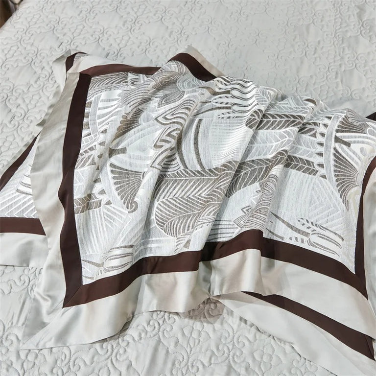 Ivory and Brown Geometric Border Bedding Set with Duvet Cover - 1000TC