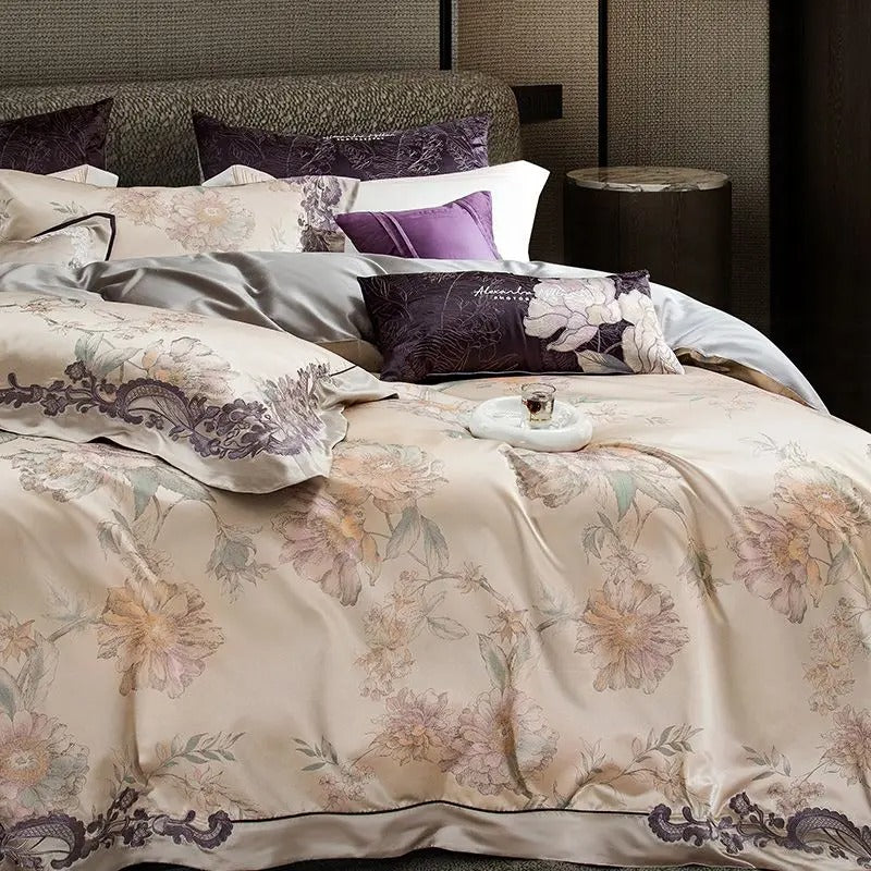 Light Purple Floral Embroidery Egyptian Cotton Bedding Set - 1500TC - Egyptian Bedding