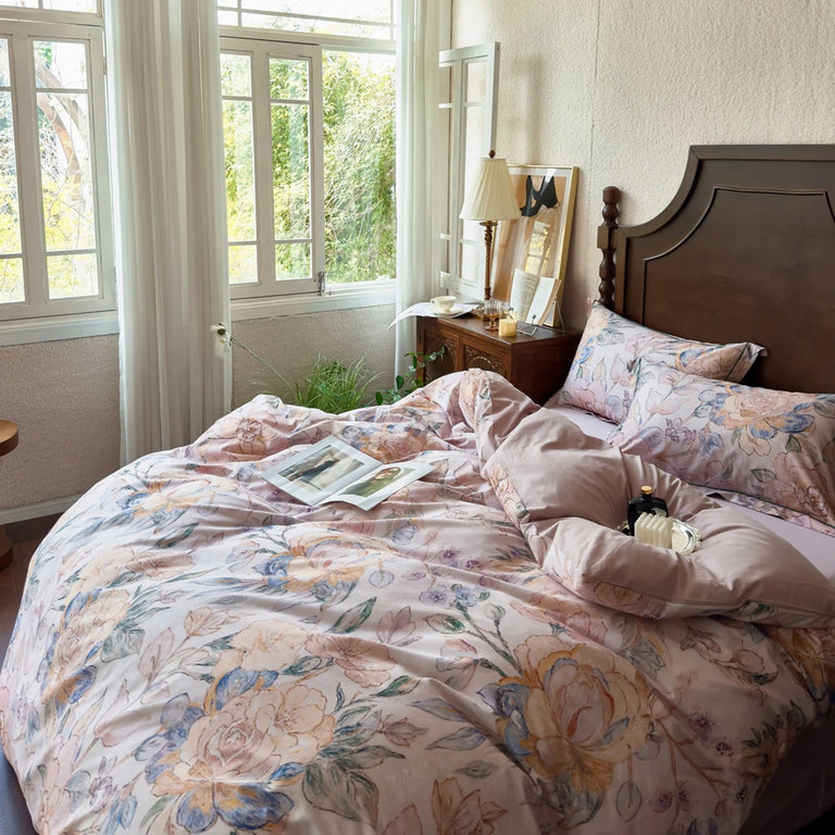 Pastel Floral Printed Bedding Set with Duvet Cover - 600TC