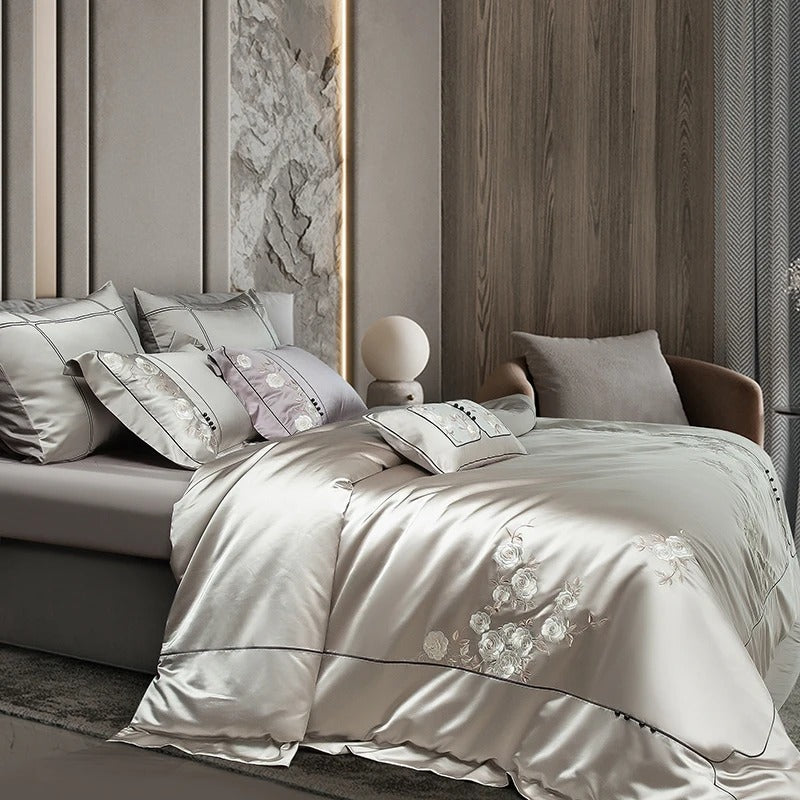 Luxury Flower Embroidery Egyptian Cotton Bedding Set - 1500TC