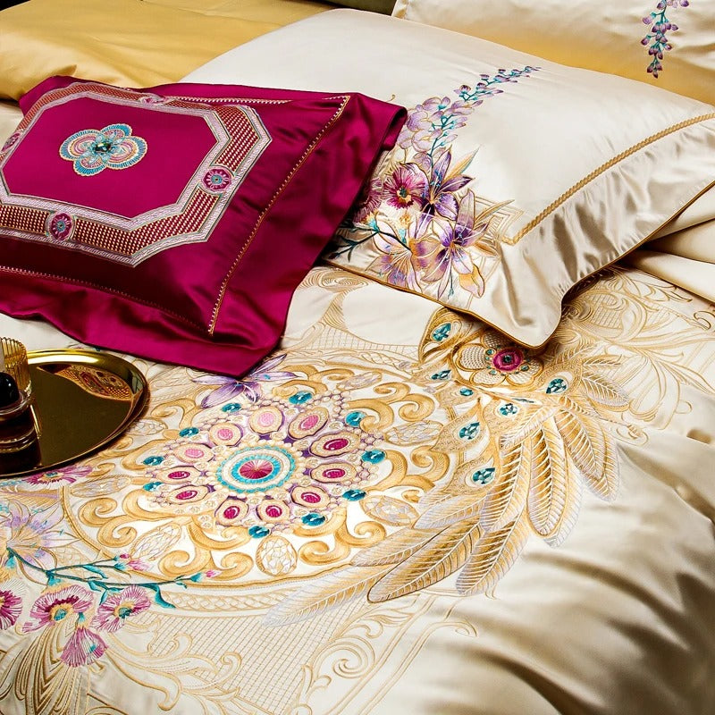 Royal Floral Embroidered Egyptian Cotton Bedding Set with Duvet Cover -1500TC - Egyptian Bedding
