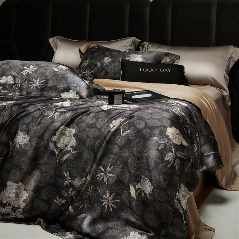 Luxurious Black Floral Satin Bedding Set with Duvet Cover - 1000TC