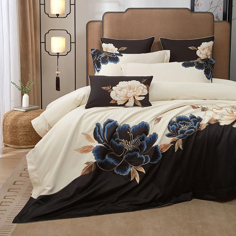 Luxury Bedding Set with Blue and Gold Floral Embroidery 